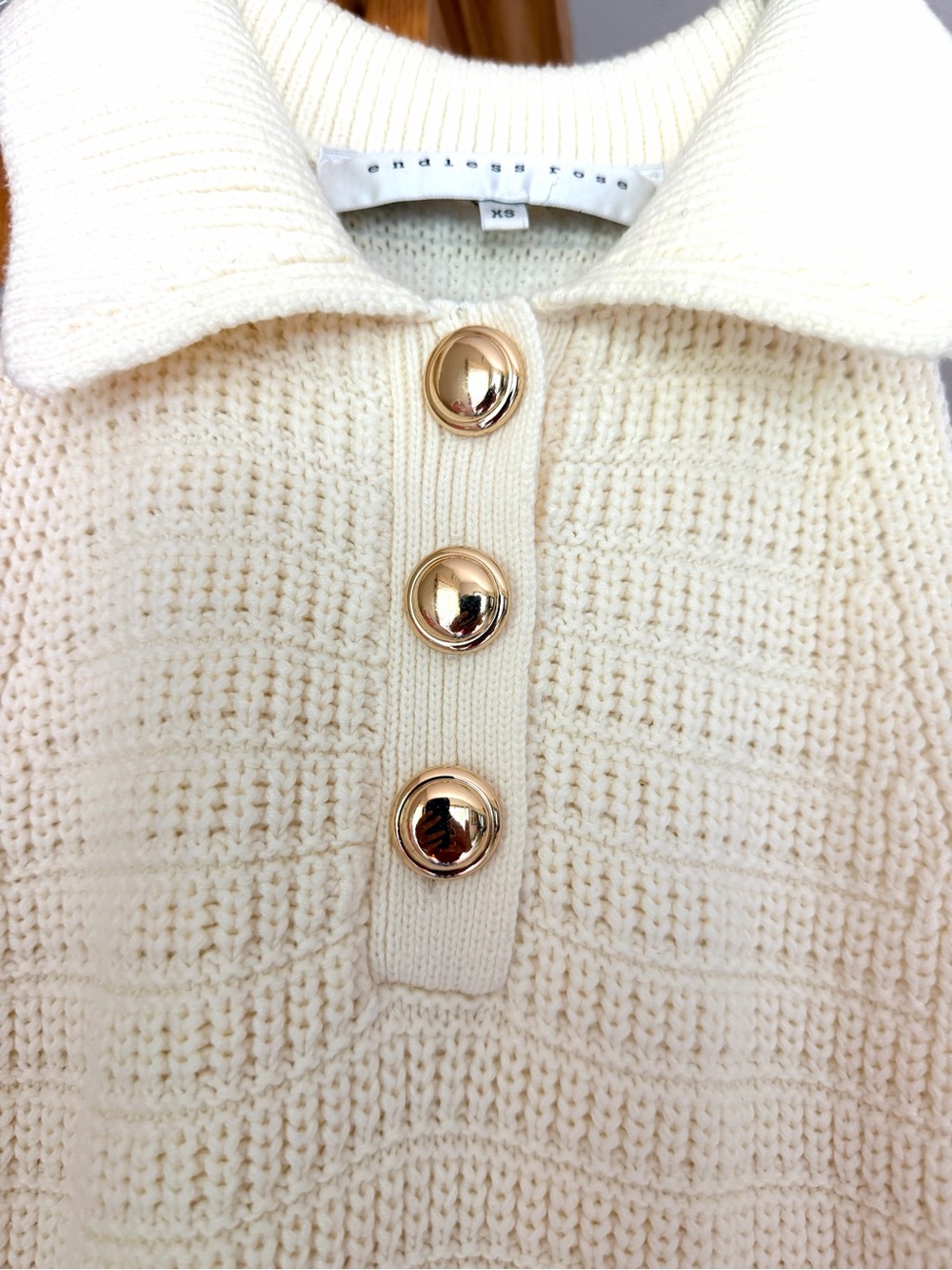 Anthropology Endless Rose Sleeveless Collared Cream Knit Crochet Mini Dress. XS - Picture 4 of 6